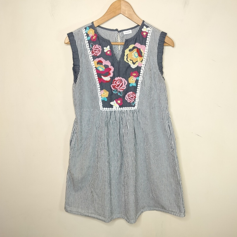 Lascana Floral Embroidered Dress Sleeveless Pockets Striped
